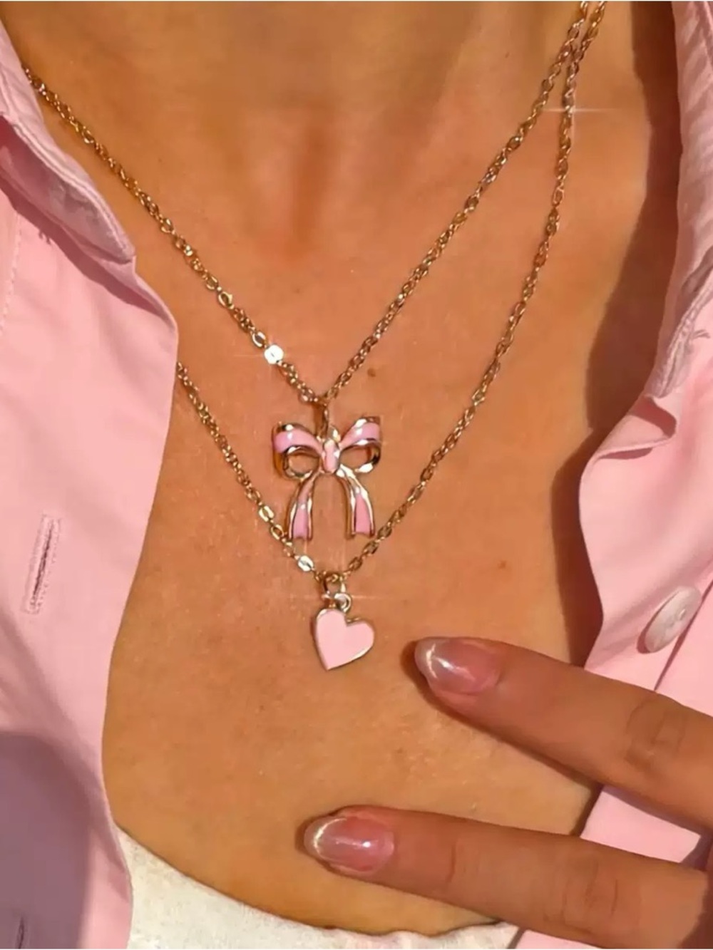 Anthropologie Gold-Tone Necklace with Pink Enamel Bow & Heart Charms